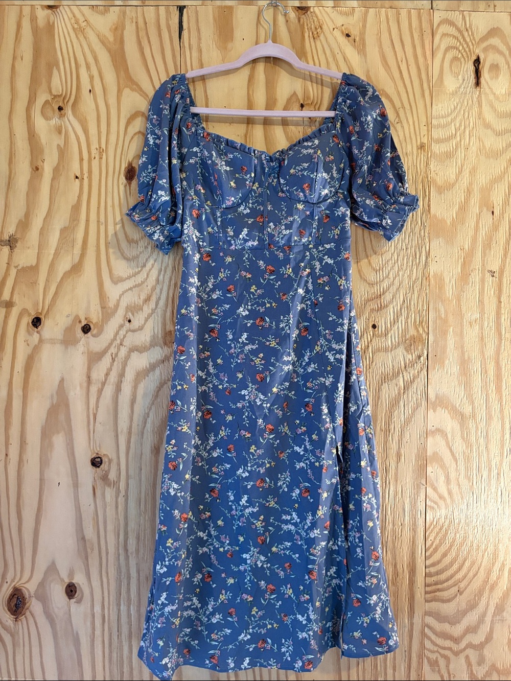 Inspired Hearts Blue Floral Puff-Sleeve Midi Dress